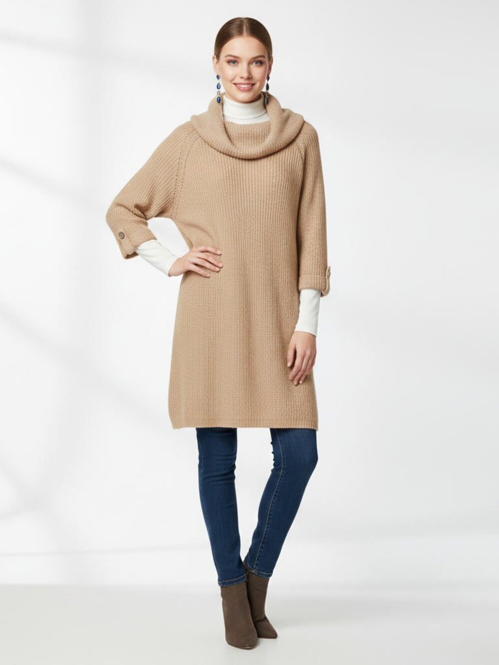 Zishen Cozy Cowl Neck Tunic Boho Style Sweater Dress in Beige Medium